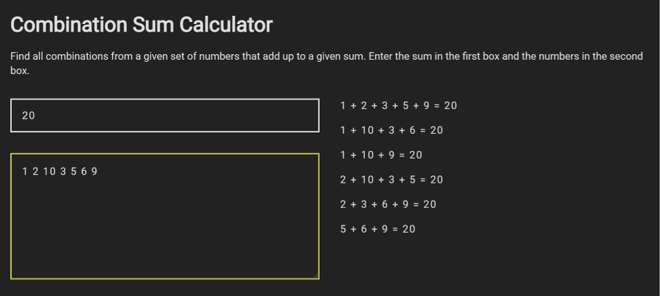 combination sum calculator